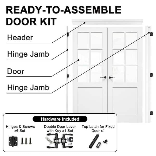 60 in. x 80 in. 6-Lite Clear Glass Universal Hand White Solid Core Wood Double Prehung French Door+ Quick Assemble Jamb