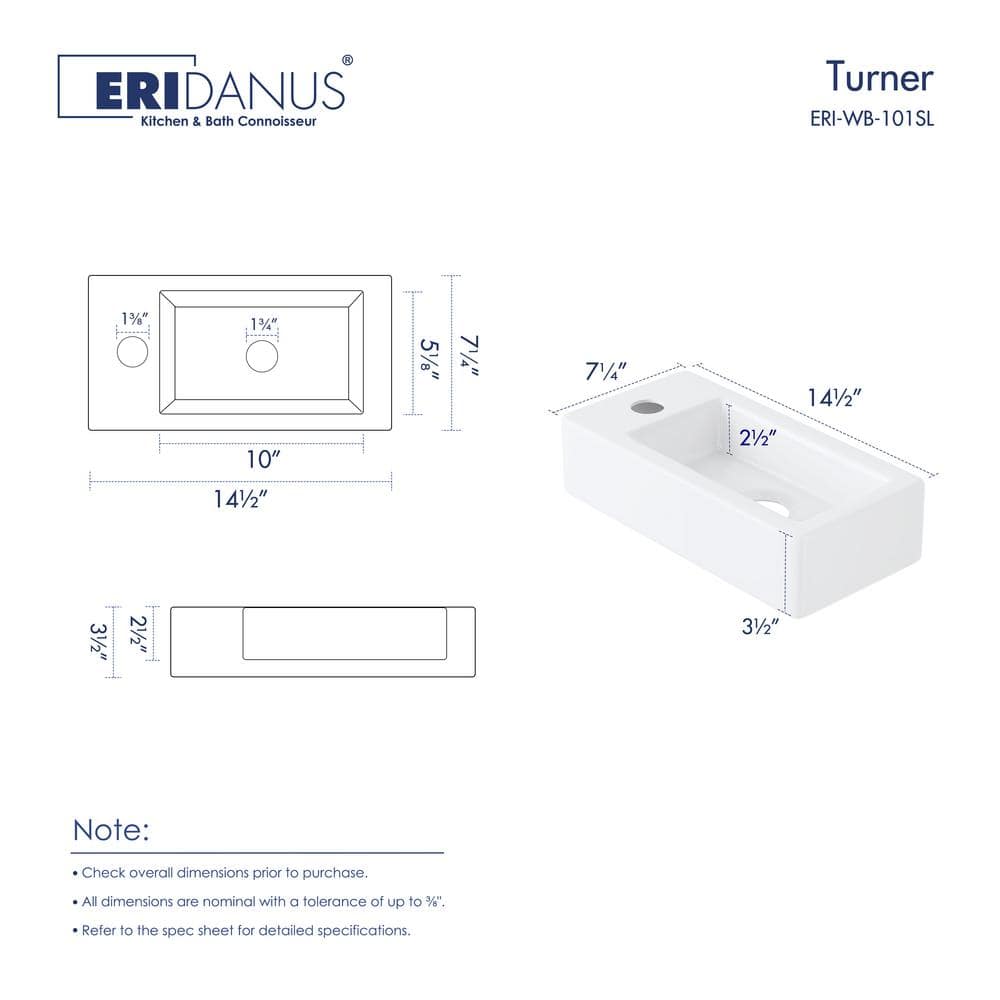 Turner 14" x 7" White Ceramic Rectangular Wall-Mount Bathroom Sink