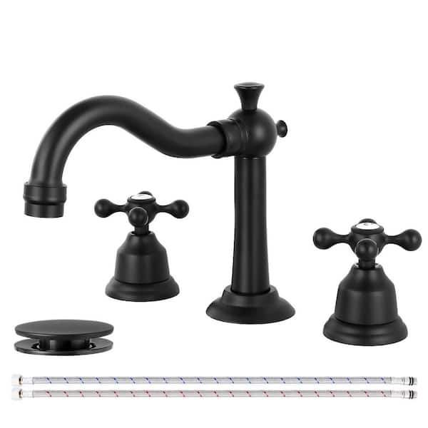 8 in. Widespread Double Handle Bathroom Faucet 3-Hole Sink Faucet with Pop-Up Drain in Matte Black