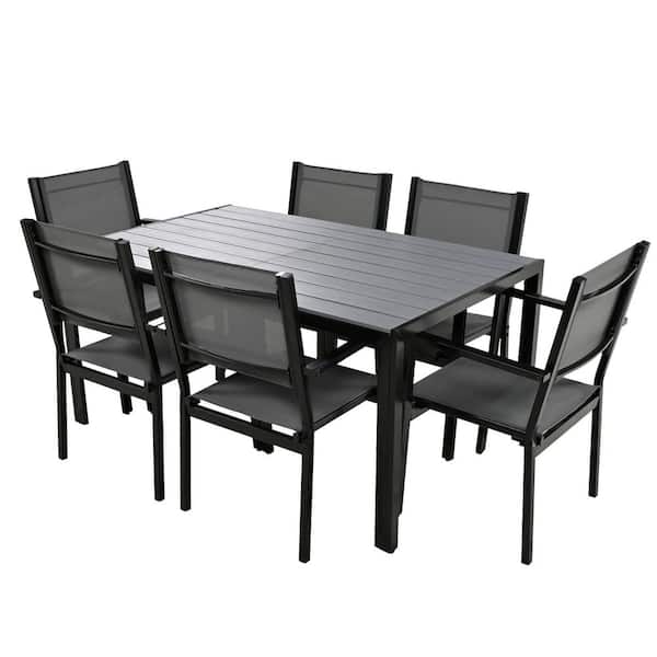 7-Piece Metal Outdoor Dining Set with a Rectangular Table for Backyard, Patio 6 Chairs with Textile Seat, a Table