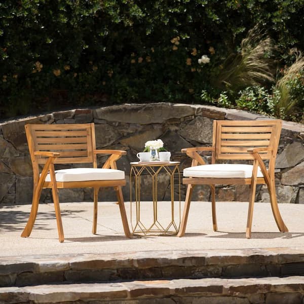 ITOPFOX 2-Piece Teak Wood Outdoor Dining Chair with White Cushions for Patio, Deck, Lawn, Balcony and Backyard