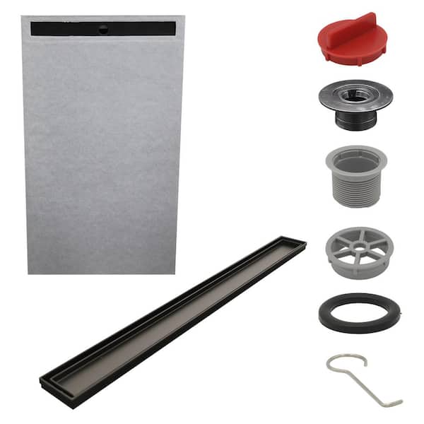 Watershield Shower System 36 in. x 60 in. Pre-sloped End Linear Drain Pan with Black Tile-in Shower Kit