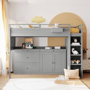 Gray Twin Size Pinewood Loft Bed with Rolling Cabinet, Desk, and Storage Drawers