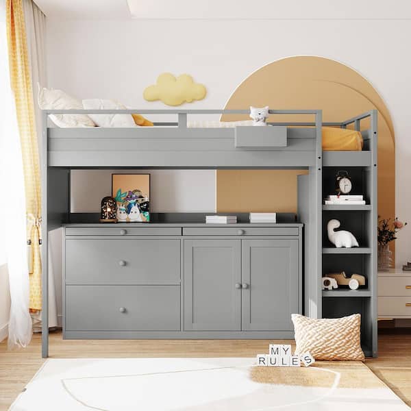 Polibi Gray Twin Size Pinewood Loft Bed with Rolling Cabinet, Desk, and Storage Drawers