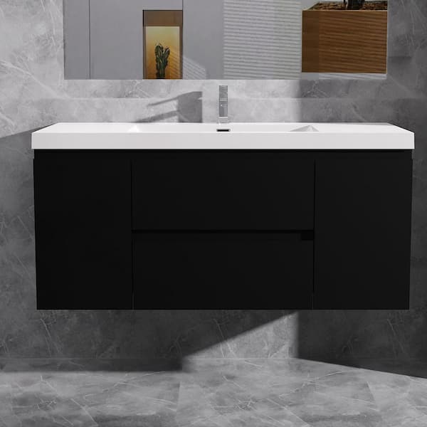 Alice 48 in. W x 20 in. D x 22 in. H Single Floating Bathroom Vanity in Black with Solid Surface Sink Top in White