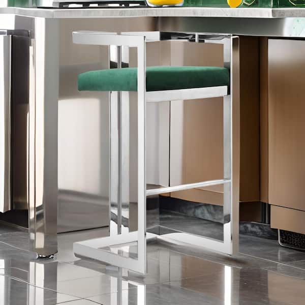 Benjara 29.5 in. Green and Silver Low Back Metal Frame Bar Stool with Velvet Seat