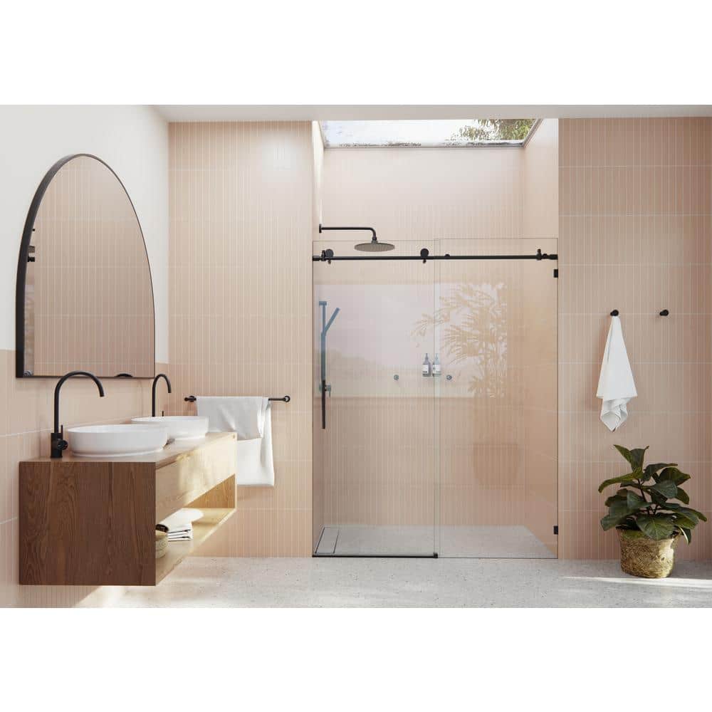 Eclipse Matte Black Frameless Sliding Shower Door with Clear Glass