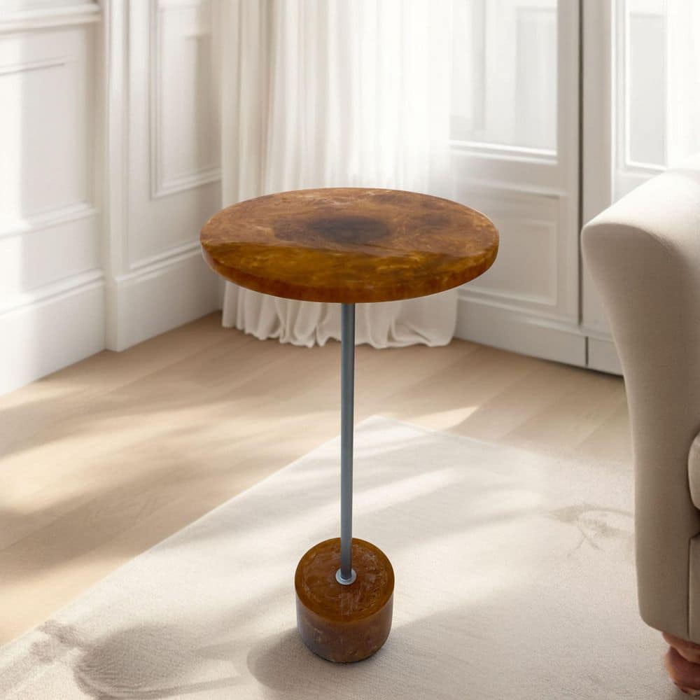 12 in. Amber Glow Resin Round Pedestal Table with Nickel Base