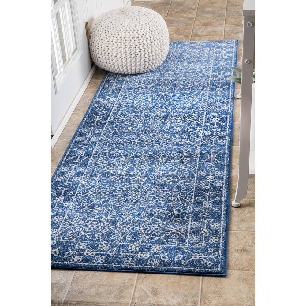 Dark Blue Vintage Polypropylene Runner Rug, 2' 8" x 8'