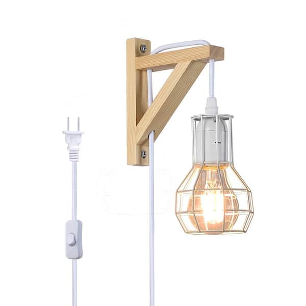 Industrial 3.5 in. Plug in 1 Light Wood Base Wall Lamp with White Cage Shade, Adjustable Height Wall Sconces, E26 Base
