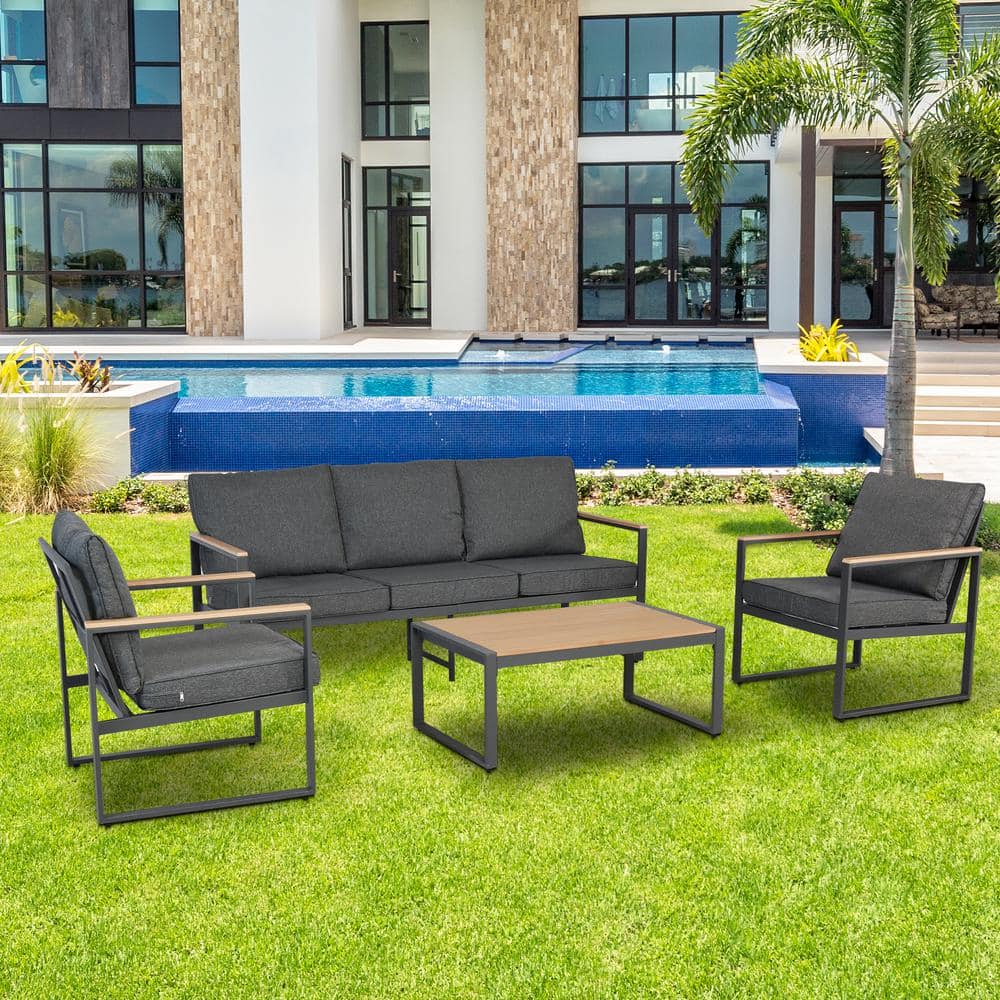 4-Piece Aluminum Patio Outdoor Conversation Sets with Grey Cushion, Faux Wo