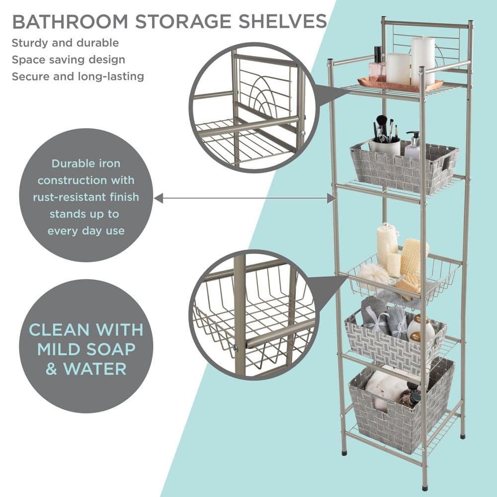 Satin Nickel 5-Tier Freestanding Bathroom Storage Shelf