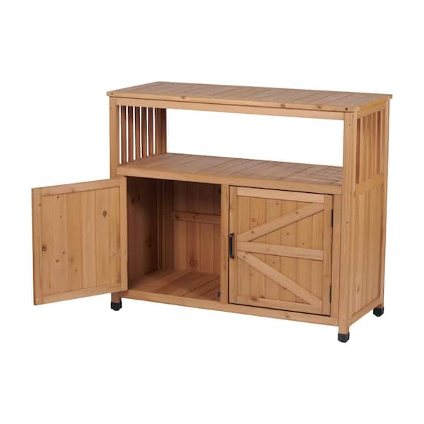 Fir Wood Outdoor Serving Bar Table with Storage Cabinet and Open Shelves, Light Brown