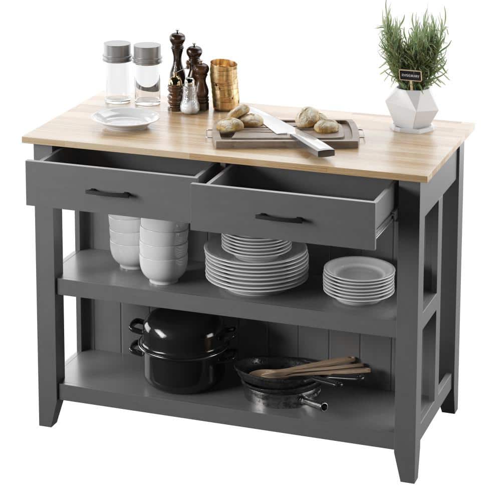 Antique Gray Modern Farmhouse Kitchen Island with Open Shelves