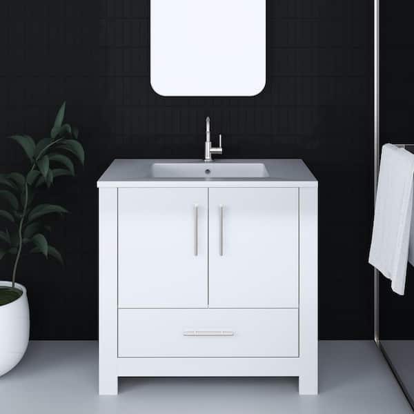 VOLPA USA AMERICAN CRAFTED VANITIES Boston 36 in. W x 20 in. D x 35 in. H Bathroom Vanity Side Cabinet in Glossy White with White Acrylic Top