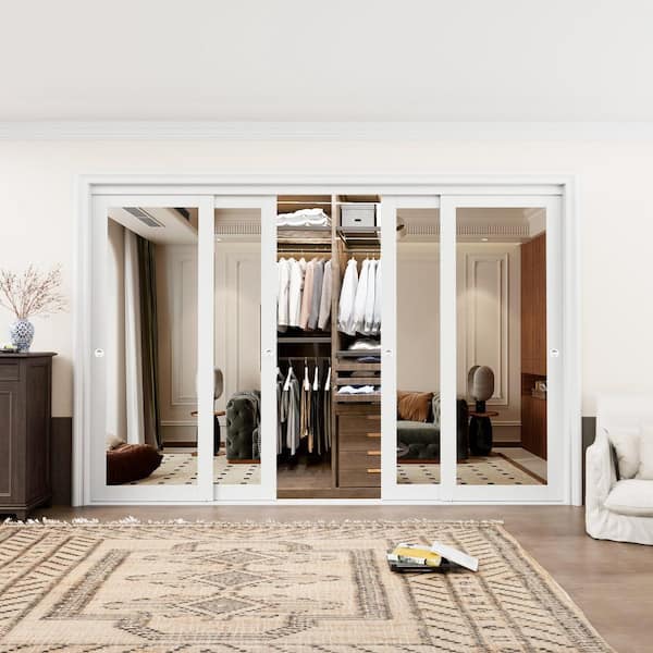 120 in. x 80 in. 1-Lite Mirror Glass White Finished MDF Interior Closet Sliding Door with Hardware and Handles