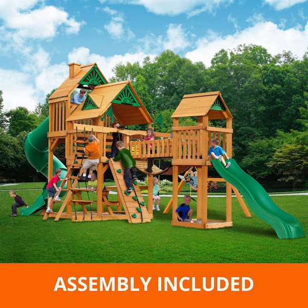 Pro Assembled Treasure Trove I Treehouse Wooden Outdoor Backyard Playset with Clatter Bridge, Tube Slide, and Rock Wall