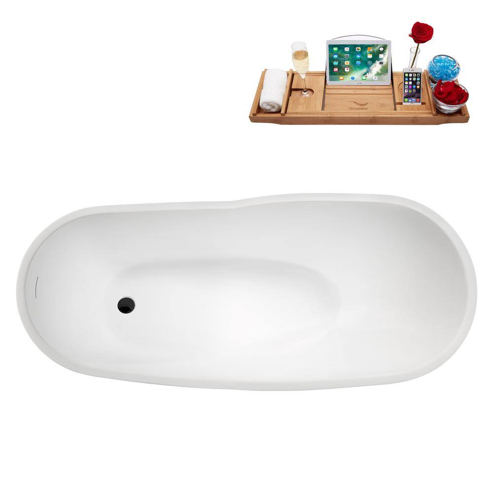 67" Glossy White Acrylic Freestanding Soaking Bathtub with Matte Black Trim