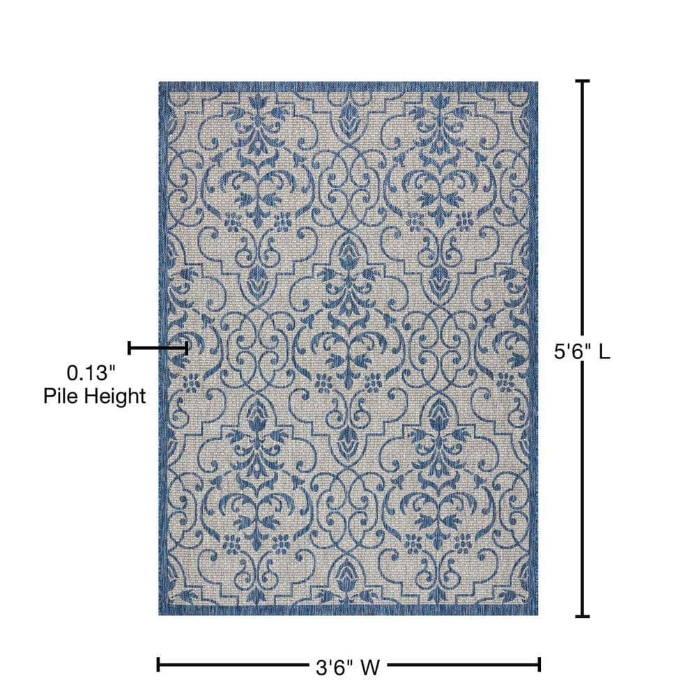 Country Side Chic Blue and Ivory Leaf Design Outdoor Rug