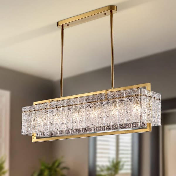 41 in. Modern 6-Light Gold Rectangle Ripple Glass Linear Chandelier Adjustable Height for Dining Room No Bulbs Included