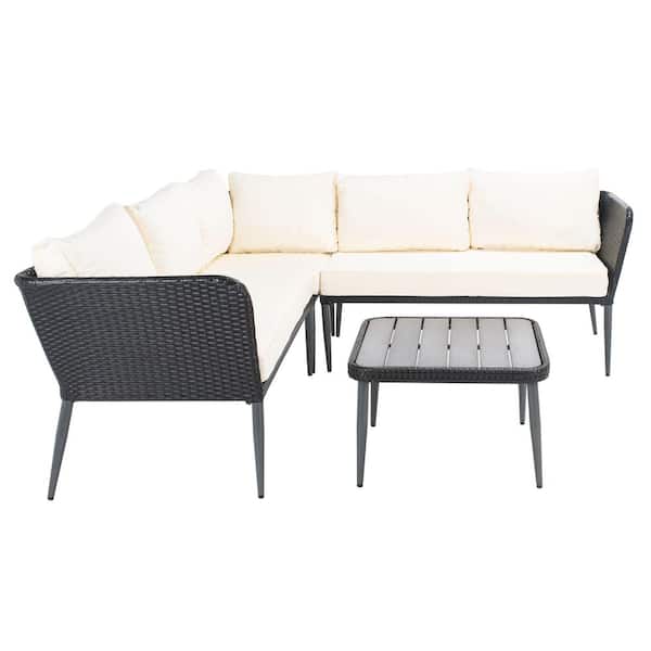 SAFAVIEH Serson Black 4-Piece Wood Patio Conversation Set with Beige Cushions