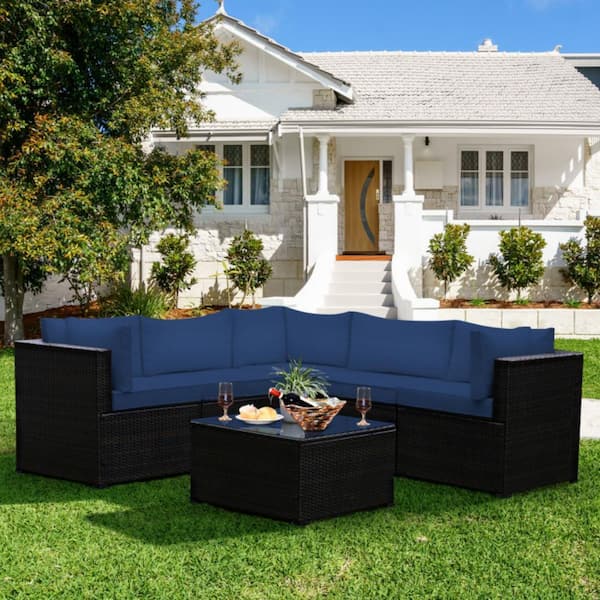 6-Piece Wicker Outdoor Sectional Set Patio Furniture Set with Navy Cushions