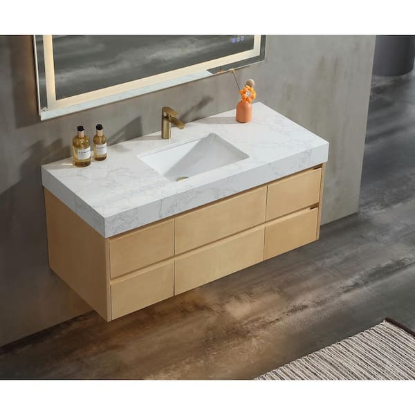 Bailey 48in.Wx20.7in.Dx21.2in.H Single Sink LED Floating Vanity in Brown With Carrara Engineer Marble Top