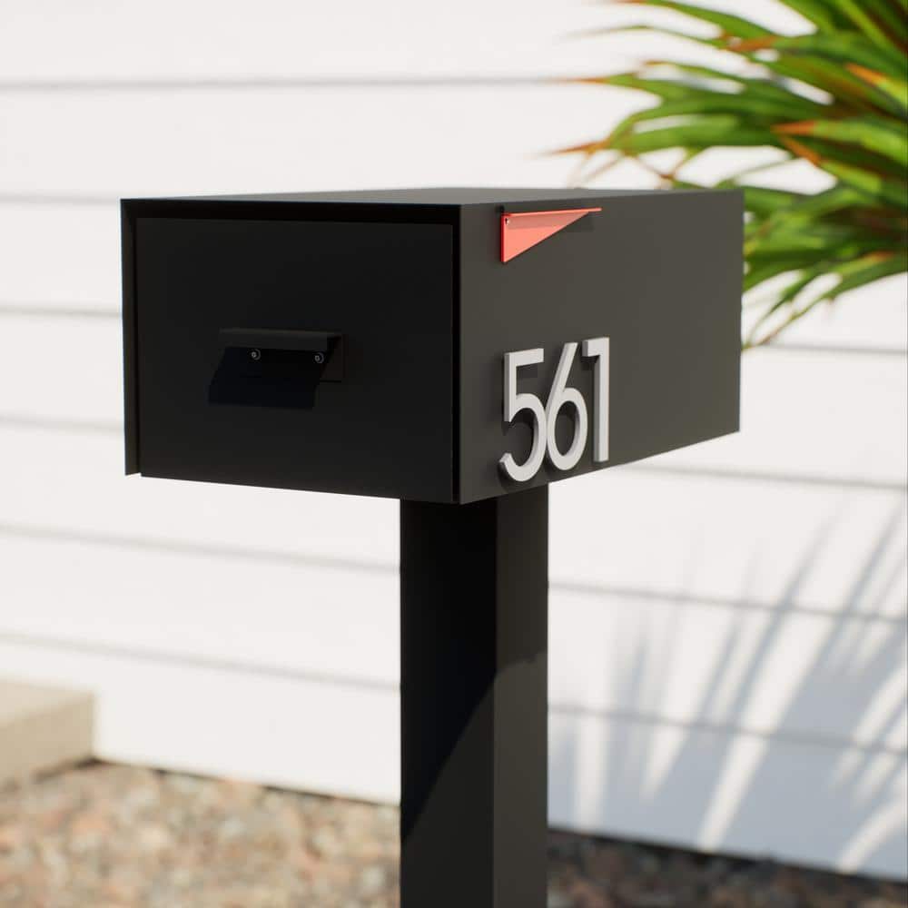 Large Black Steel Post-Mounted Mailbox with Brass Numbers