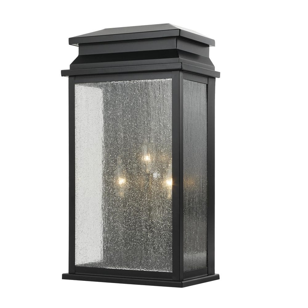 Home Decorators Collection Sirrine 3-Light Black Hardwired Outdoor Wall Lantern Sconce Light with Seeded Glass