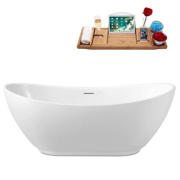 62 in. Acrylic Freestanding Flatbottom Non-Whirlpool Bathtub in Glossy White with Polished Gold Drain