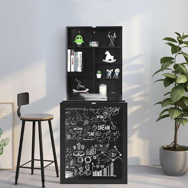 Stylish Coffee Bar with Chalkboard, Black Cabinets, and Floating
