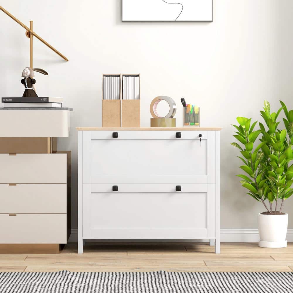 White and Light Wood 2-Drawer Lockable Lateral Filing Cabinet