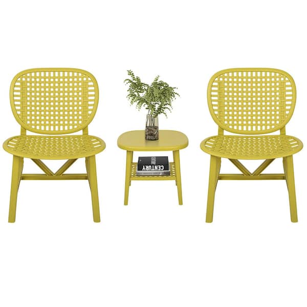 Misopily 3-Piece Plastic Outdoor Bistro Set, Table with Open Shelf and Lounge Chairs with Widened Seat for Balcony, Garden Yellow
