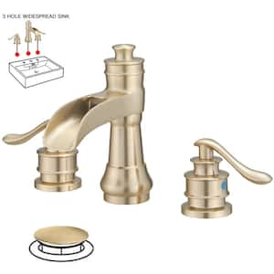 8 in. Waterfall Widespread 2-Handle Bathroom Faucet With Pop-up Drain Assembly in Spot Resist Brushed Gold