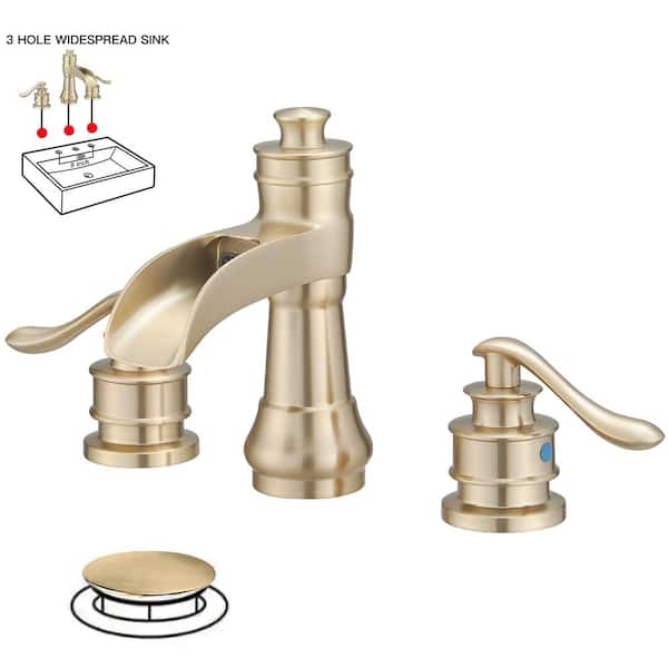 BWE 8 in. Waterfall Widespread 2-Handle Bathroom Faucet With Pop-up Drain Assembly in Spot Resist Brushed Gold