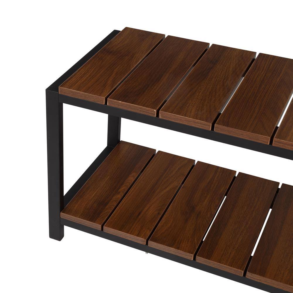 Walnut and Black 2-Tier Shoe Storage Bench with Seating