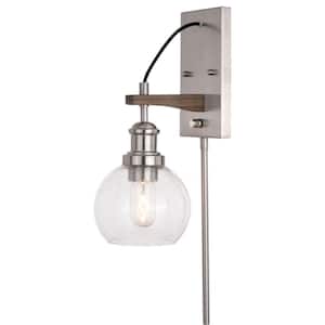 Avondale 6 in. 1-Light Satin Nickel and Dark Sycamore Farmhouse Plug In Wall Sconce, Clear Glass Globe, On/Off Switch