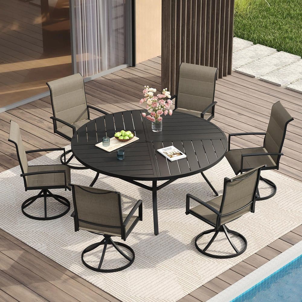 7-Piece Metal Outdoor Dining Set with 53.1 in. Black Round Table and 6 Brown Swivel Dining Chairs for 6 Person price history on PriceWatchPro