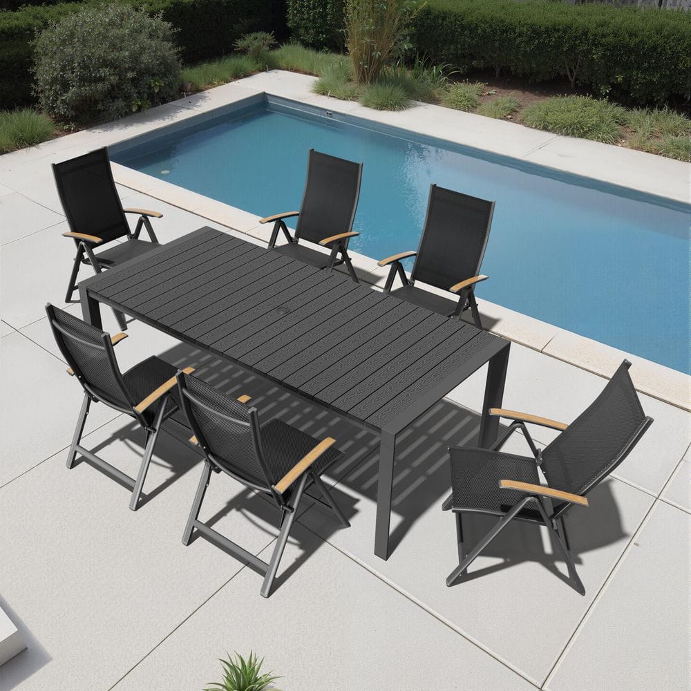 Black 7-Piece 71 in. Aluminum Wood-Like Patio Outdoor Dining Set, with Umbrella Hole Table and Folding Recline Chairs price history on PriceWatchPro