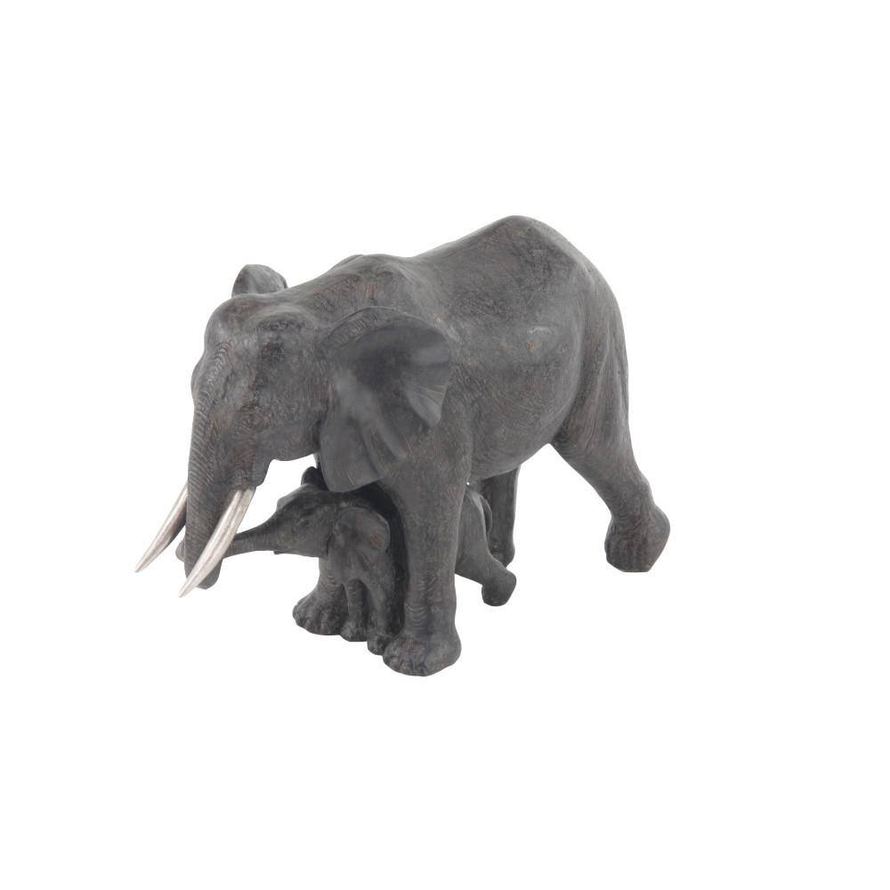 Gray Resin Elephant Mother and Calf Sculpture