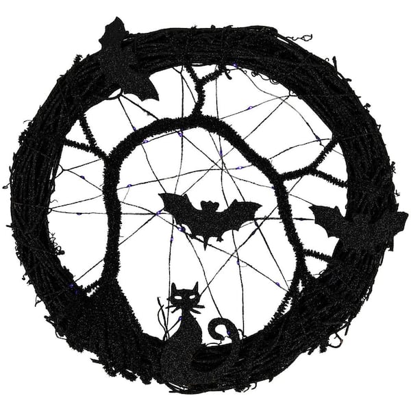 13 in. LED Lighted Black Twig Halloween Wreath with Bats-Purple Lights