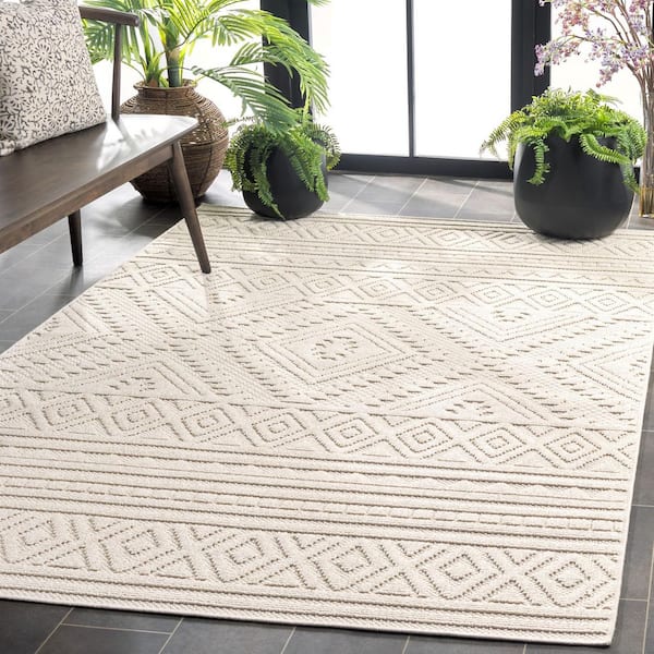 Global Light Beige/Ivory 9 ft. x 12 ft. Solid Striped Diamond Indoor/Outdoor Area Rug
