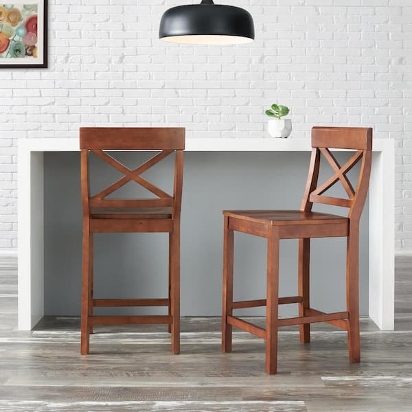 StyleWell Cedarville Walnut Brown Wood Counter Stools with Cross Back (Set of 2)