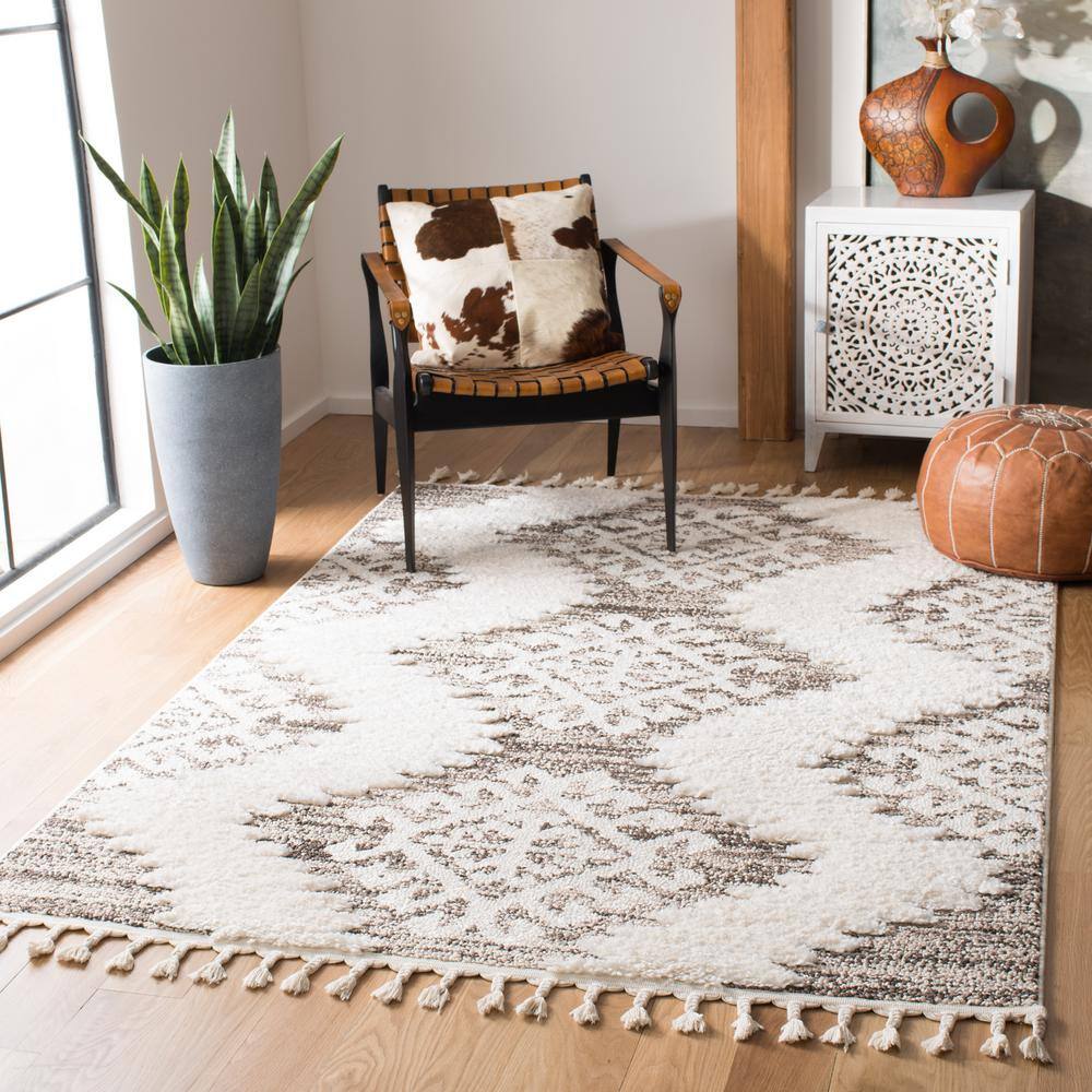 Ivory and Brown Diamond Shag Rectangular Area Rug
