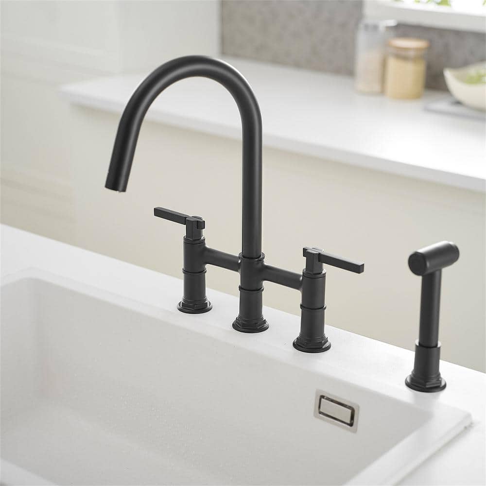 Matte Black Brass Bridge Kitchen Faucet with Side Sprayer