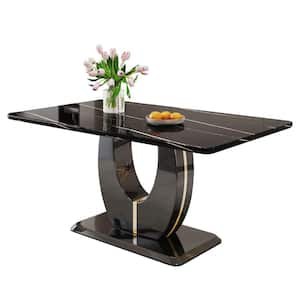 Modern Rectangle Black Faux Marble Pedestal Dining Table Seats for 6 (63.00 in. L x 30.30 in. H)