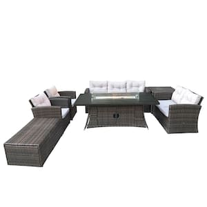 7-Piece Rectangle Firepit Table Outdoor Soga Set with Beige Cushions