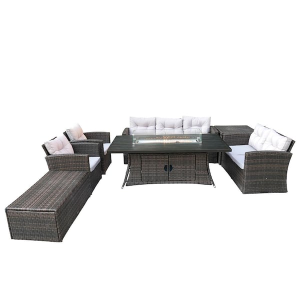 DIRECT WICKER 7-Piece Rectangle Firepit Table Outdoor Soga Set with ...