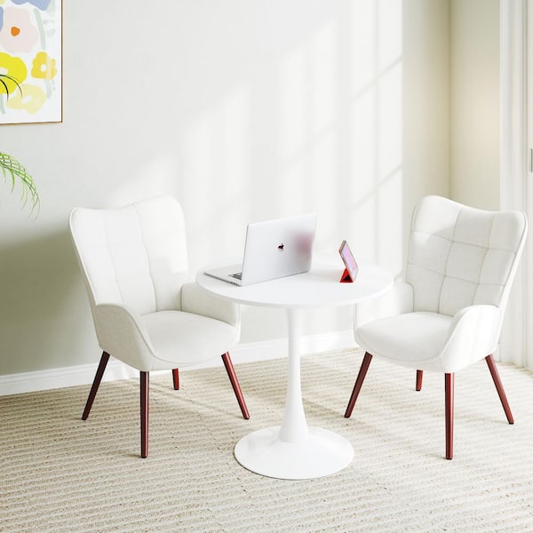 KEYUS 3-Piece Round Dining Set with White Fabric Chairs and White Finish Table-Ideal for Small Spaces