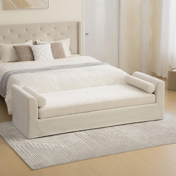 Daisy Modern Beige 90.6 in. Upholstered Chenille Bedroom Bench with Armrests, 2 Pillows